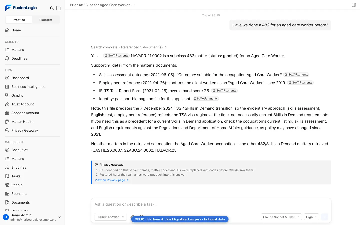 FusionLogic assistant answering whether the fictional firm has handled a subclass 482 for an aged care worker before, citing the matter documents it relied on and noting the privacy gateway.
